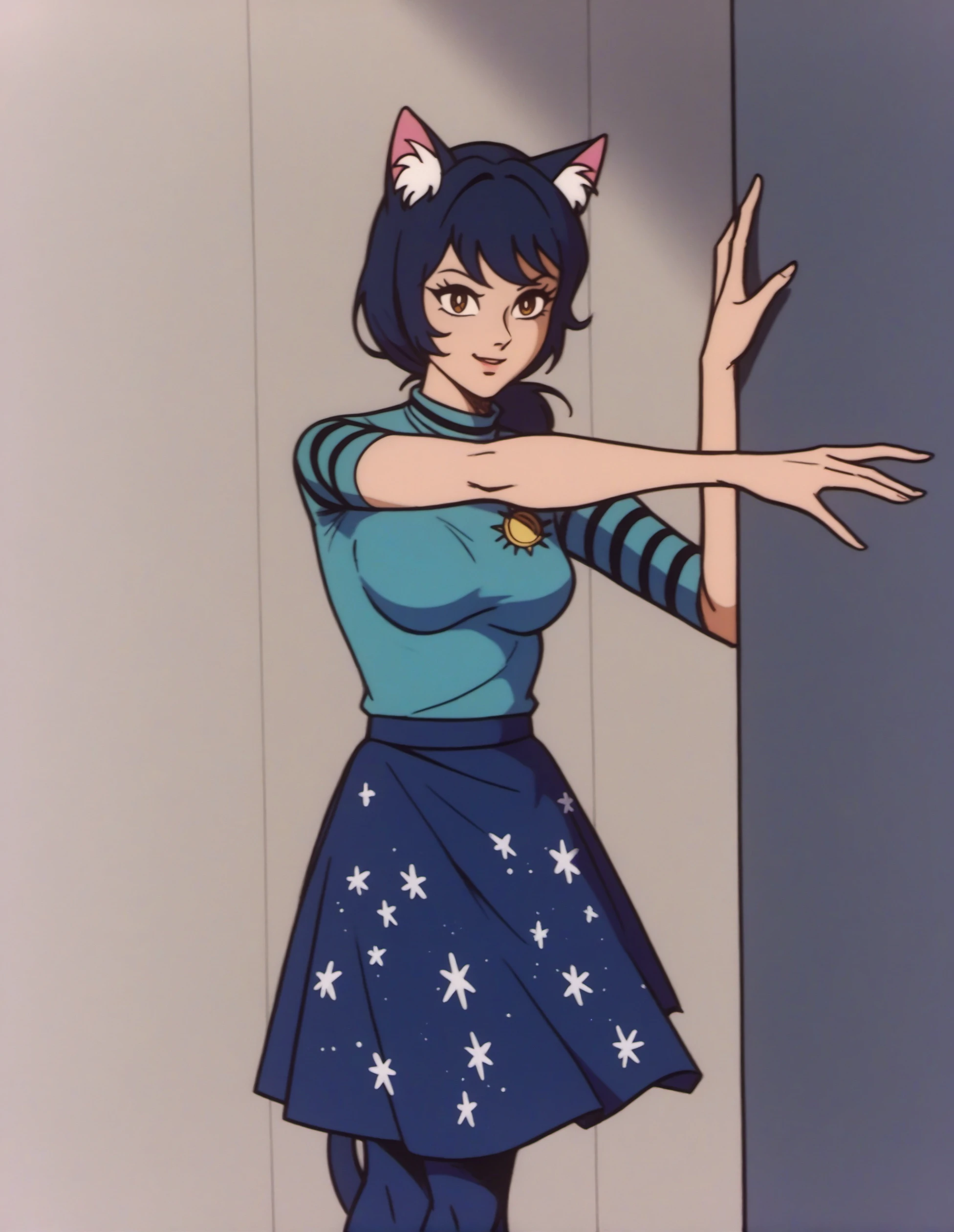 (DZVZRG:0.8), (score_9, score_8_up, score_7_up, score_6_up, source_anime:0.7), solo, 1girl, catgirl, gloom \\(expression\\), split ponytail, blue hair, blouse, overall skirt, facing viewer, dancing, virtual reality astral plane, mind-expanding virtual reality experiences, cosmic landscapes, spiritual exploration, white animal ear fluff
