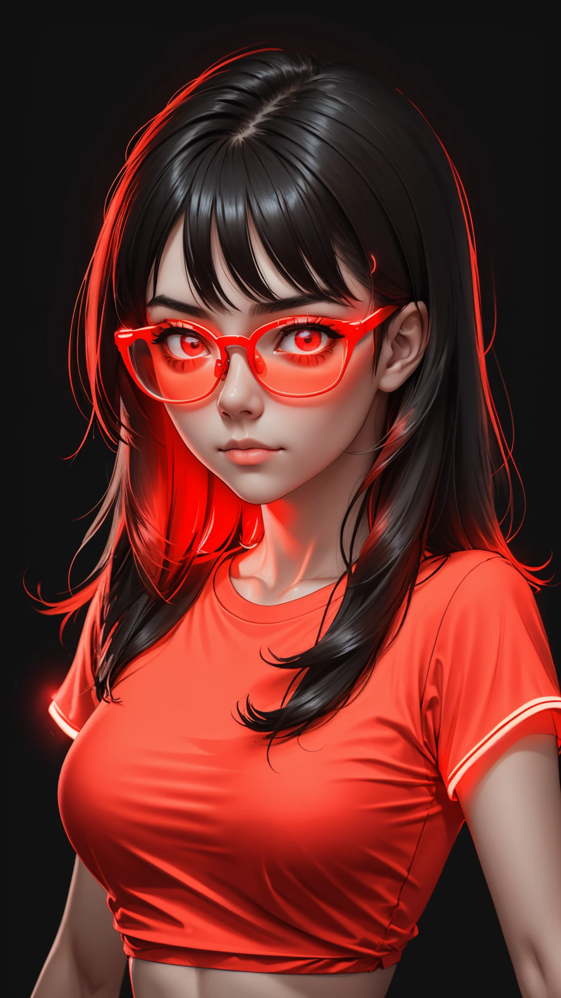 ((glowing-neon-red-shirt)), (glowing-neon-red-glasses), upper body portrait, 1girl, midriff, fit girl, <lora:lukethighwalkerneonsd15v7:0.5>