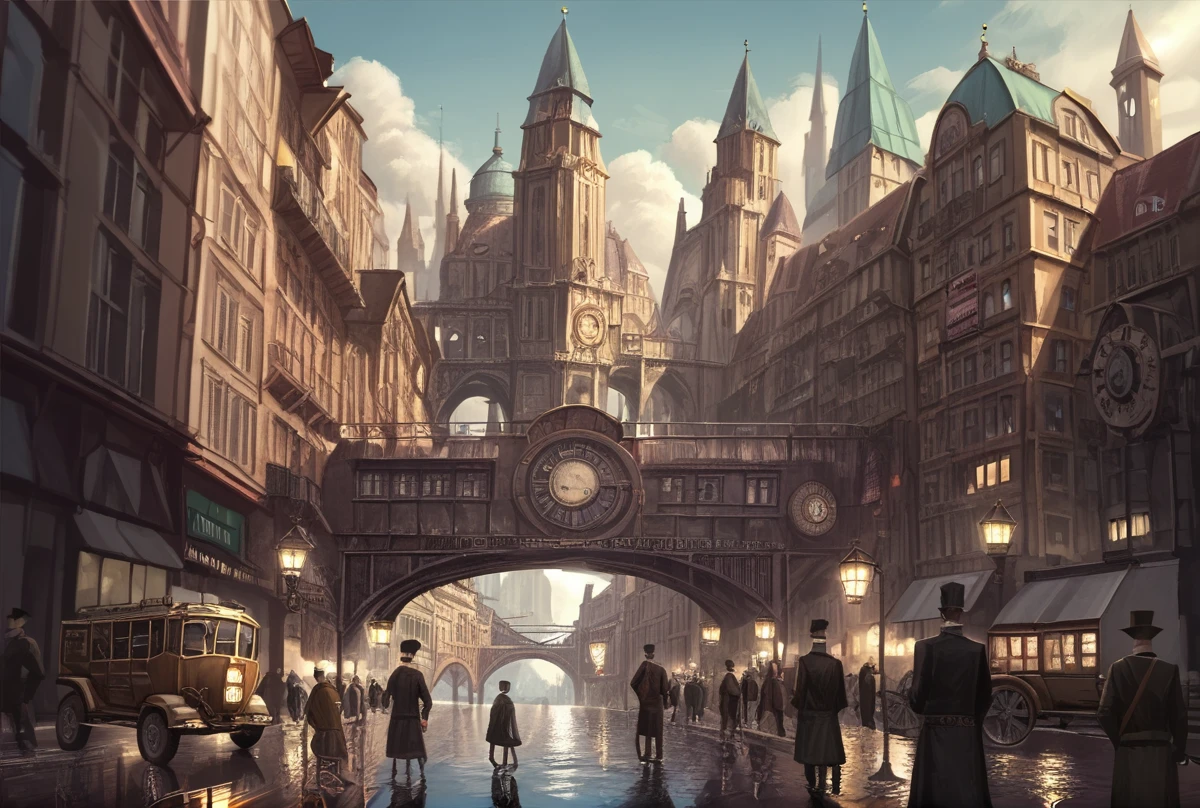 score_9, score_8_up, score_7_up,BREAK overalldetail, <lora:steampunk:0.8>,
steampunk,clockwork,, scenery, hat, multiple boys, 6+boys, ground vehicle, city, building, people, lamppost, bridge, outdoors, water,