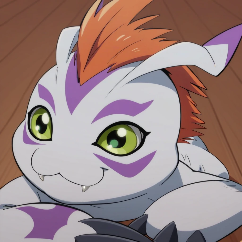 score_9, score_8_up BREAK Gomamon, digimon, solo, facing front, orange hair, green eyes, smile, fangs, closed mouth, claws, laying