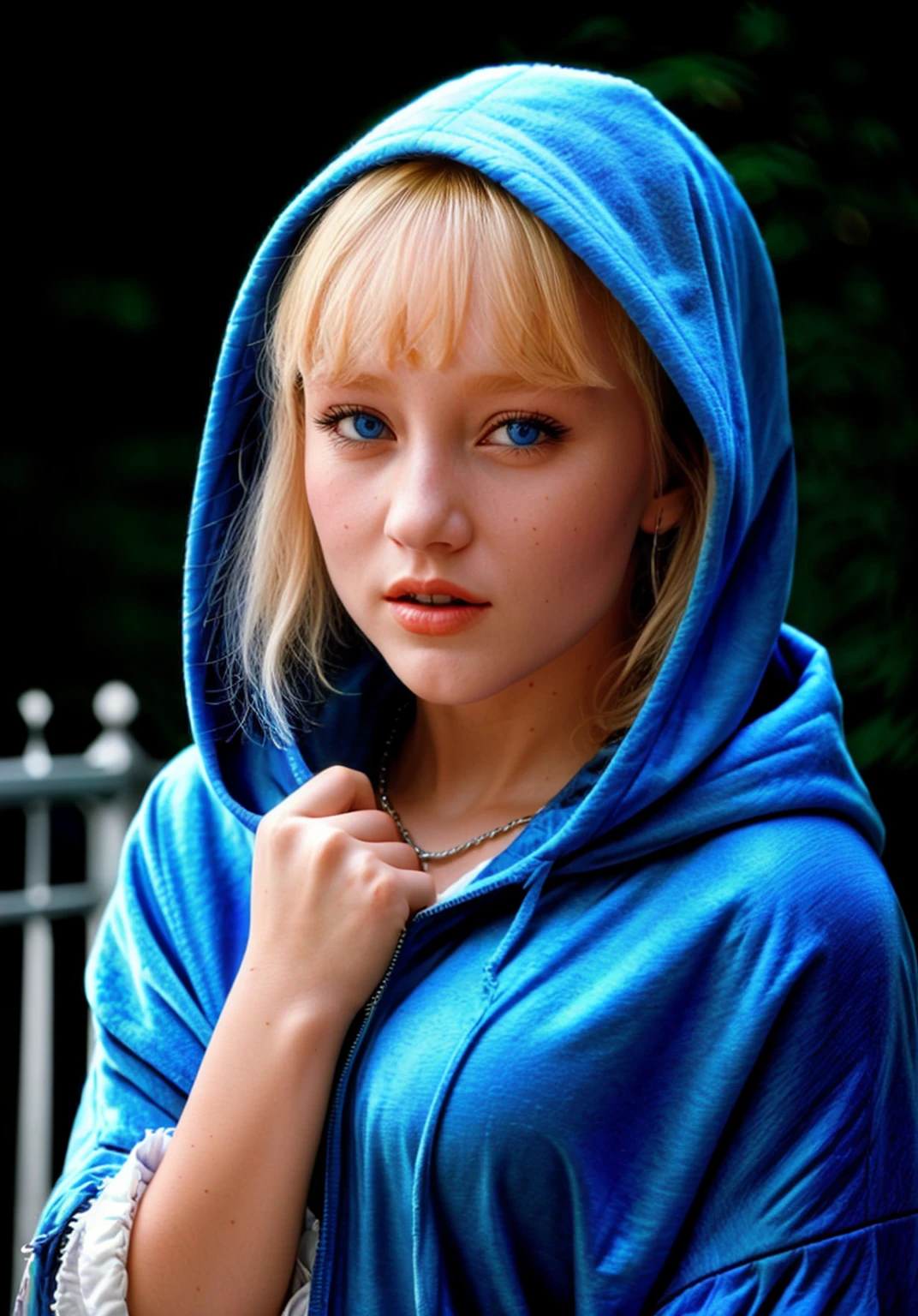 HDR photo of alicynster123 woman, blonde hair, light-blue eyes, perfect eyes, wearing a hooded cloak, hood up, walking outside in the snow, snowing, park, night . High dynamic range, vivid, rich details, clear shadows and highlights, realistic, intense, enhanced contrast, highly detailed, <lora:breastsizeslideroffset:-0.2>, <lora:alicynster123:1>,