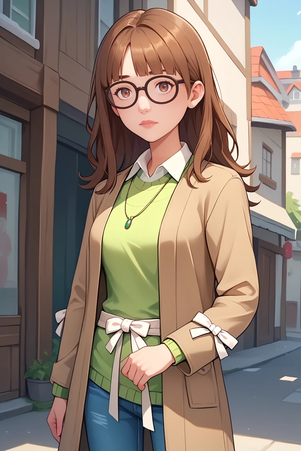 score_9, score_8_up, score_7_up, source_anime, 1girl, solo,<lora:NSAlicePortia:1> NSAlicePortia, brown hair, long hair, brown eyes, blunt bangs, glasses, brown coat, green sweater, necklace, white collared shirt, jeans, cowboy shot, white ribbon, white sash, necklace, long sleeves, rural town