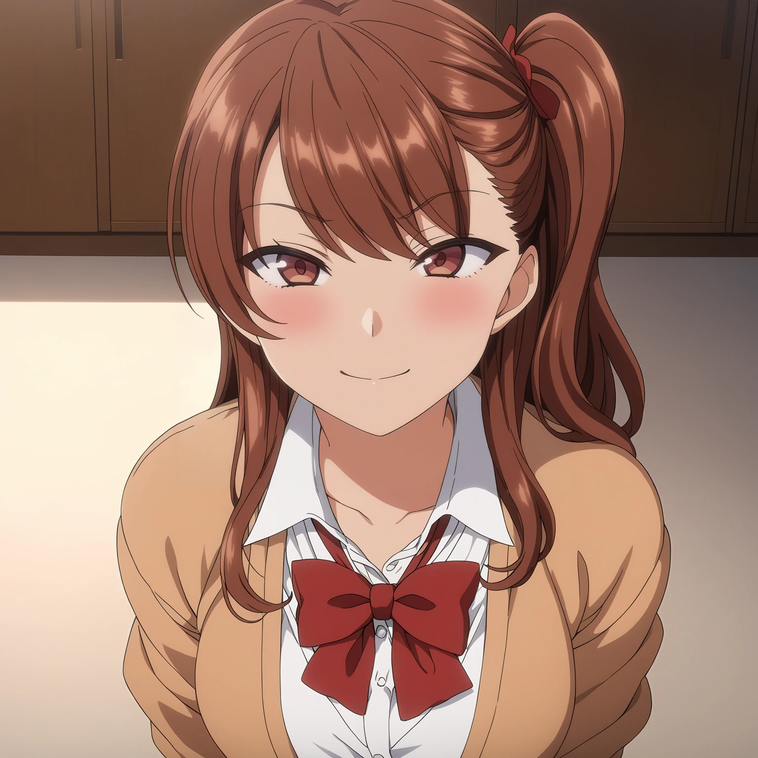 <lora:IzumiNogamiXL001>,
blush,smile,
solo,
anime screencap,
best quality,masterpiece,brown eyes,
IzumiNogami,1girl,brown hair,Side ponytail,
white shirt,red bowtie,cardigan,