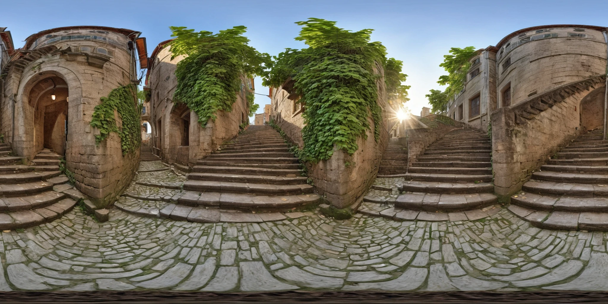 360panorama,Staircase leading to a building,Ascending,Early morning deserted,Weathered stone steps historical architecture,Golden hour light,Non-applicable,Realistic with a touch of nostalgia,Digital art,Architectural Illustration,Warm tones with hints of green from surrounding foliage,3D CGI,4K resolution,<lora:HMSG360è¡éXL-000006:1>,