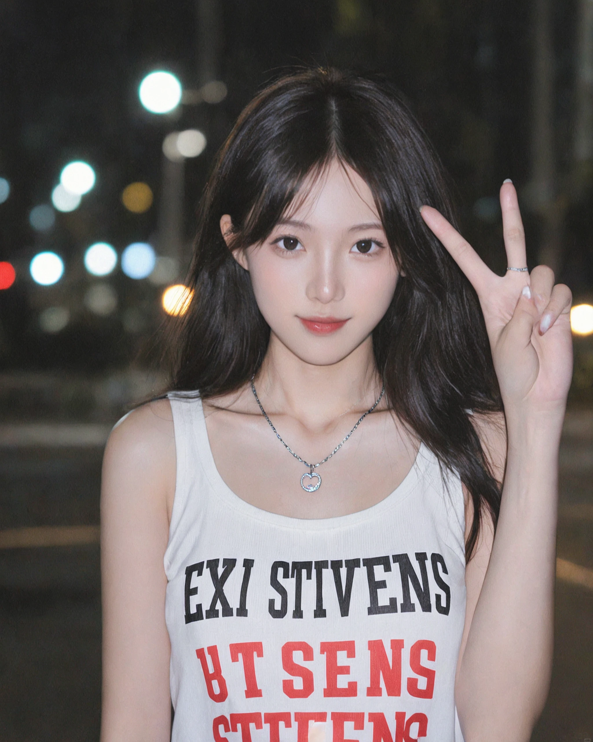 Score_9, Score_8_up, Score_7_up,a young woman with long black hair, wearing a white tank top with the text 'EX STEVENS' printed on it. She is making a peace sign with her fingers. She has a necklace with a pendant, and her eyes are looking directly at the viewer. The image appears to be taken in an urban setting at night, with some blurred lights in the background.