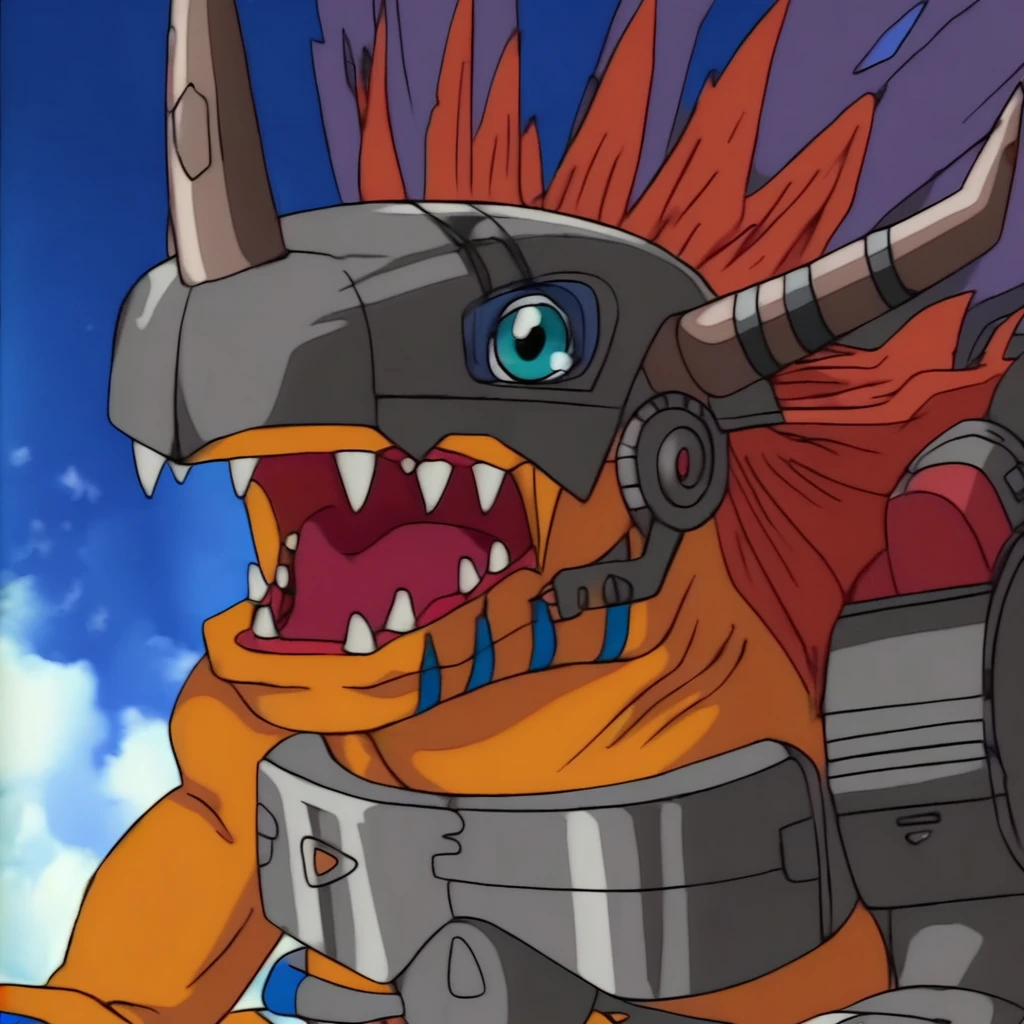 metalgreymon,close up,blue sky,clouds,outdoor,mouth open,armor,horns,wings<lora:metalgreymon-web:1>