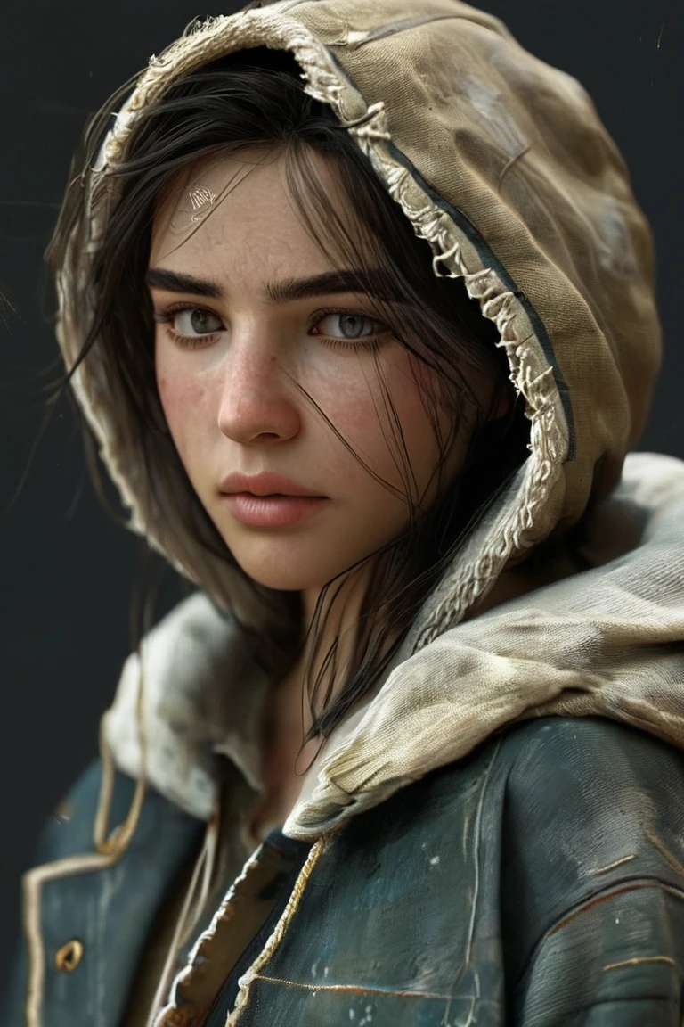 The image showcases a digital character with weathered clothing and facial features, emphasizing realism.<lora:potrait-woman-adafactor-step00000700:0.7>