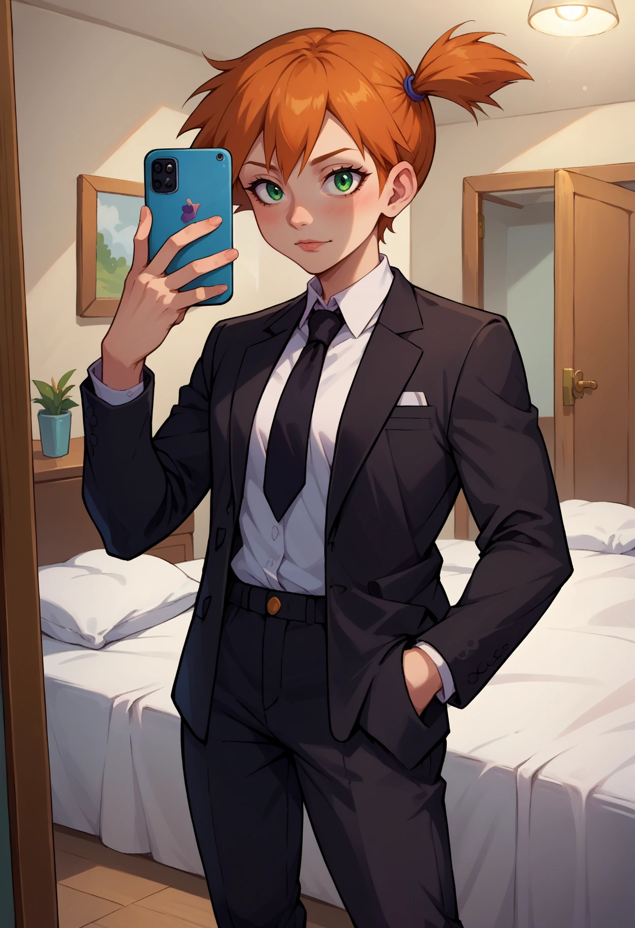 score_9, score_8_up,score_7_up, source_anime, 1girl, solo,  <lora:EPpkMisty:1.0>, EPpkMisty, orange hair, short hair, side ponytail, green eyes,  business suit, black pants, white collared shirt, black suit, black jacket, black necktie, selfie, taking picture, mirror selfie, bedroom, bed, mirror,