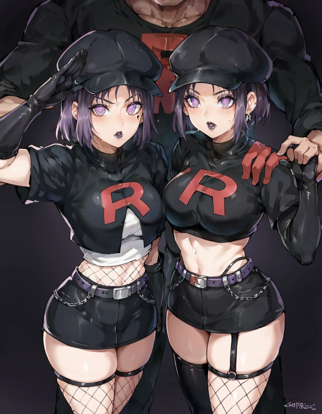 score_9, score_8_up, score_7_up, score_6_up, score_5_up, score_4_up, BREAK source_anime, 2girls, 1boy, <lora:Gothic:0.8>, GothicC, fishnets, makeup <lora:TMRckt:0.65>, TMRckt, team rocket, team rocket uniform, ((clothes writing)), purple eyes, glowing eyes, mind control, salute