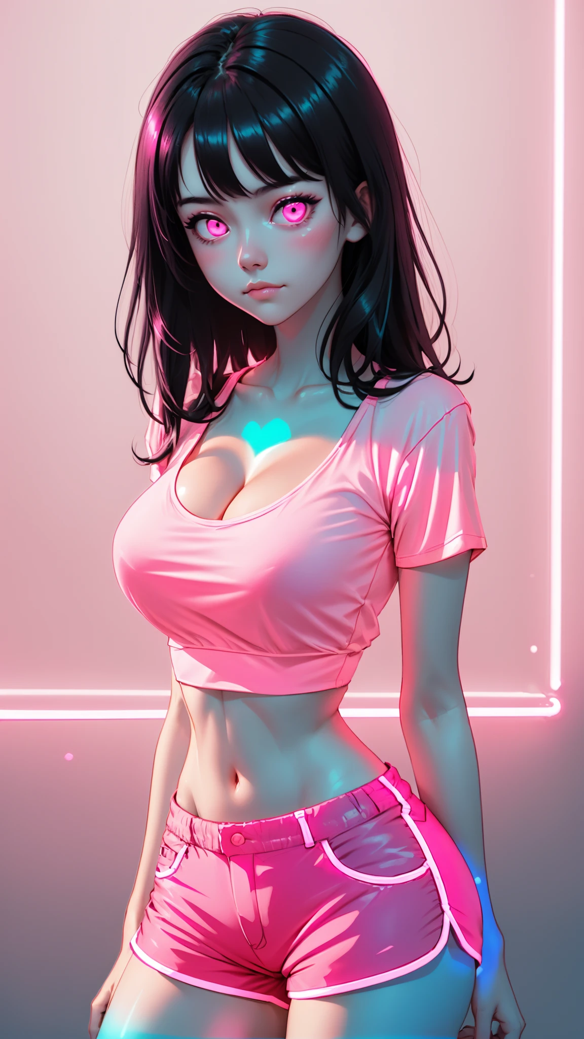 ((glowing-neon-pink-shorts)), (glowing-neon-pink-shirt), 1girl, black hair, cleavage, wide hips, midriff, fit girl, <lora:lukethighwalkerneonsd15v7:0.5>