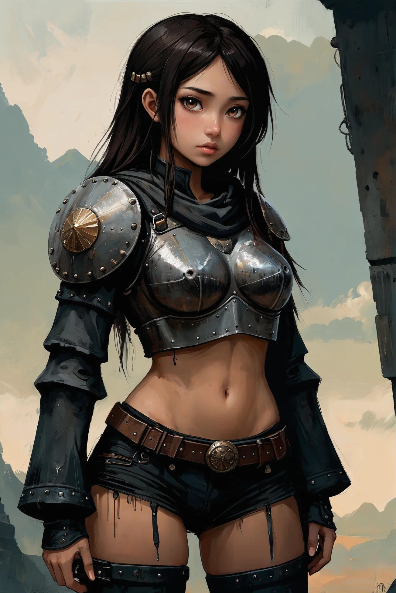 dark, moody anime digital painting, eyes open, 1girl, woman, rough digital painting, full body, 1girl, solo, creative costume design, adventurer, (dieselpunk ring mail shield,pauldrons,bracers,chestplate,armor,gauntlets:1), (dark skin:1.3), (chubby:1) build, old, bombshell hair, black hair, side ponytail, deep tan clothes, muscular hips, muscular legs, wide hips, narrow waist, abs, large breasts, (asian:1.3)<lora:EnvyStarlightDarkAnime02:1>