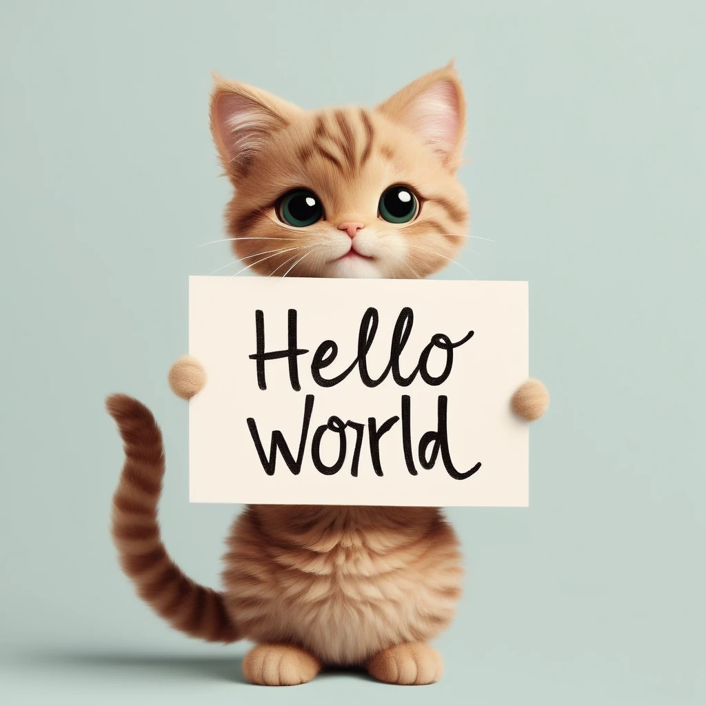 A cat holding a sign that reads "Hello World" in cursive text
