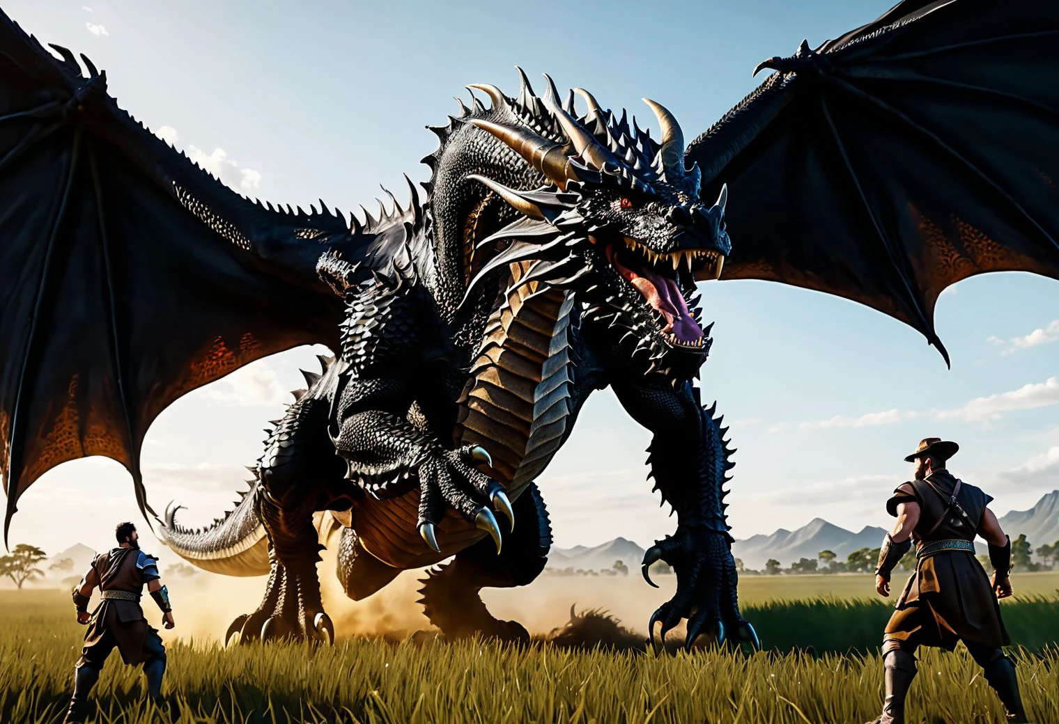 amazing quality, masterpiece, best quality, 8k, extremely detailed, ultra intricate details, UHD, perfect anatomy, (black dragon:1.1), portrait, dof, hyper-realism, majestic, (four heroes, 1Fighter 1druid 1ranger and 1wizard:1.0), awesome vista, inspiring, Capture the thrilling showdown between the four heroes and the colossal dragon boss , Bosstyle, the heroes on a muddly field look up as humongous black dragon swoops out of the sky towards them, cinematic still, dramatic composition, (realistic shadows, realistic lighting, realistic detailed textures:1.0), national geographic style