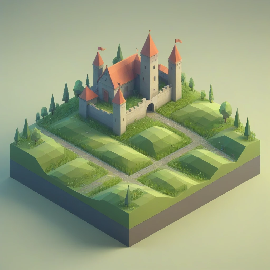 isometric, low poly, grass, castle, horses, roads <lora:isometric_lowpoly_XL:0.7>
