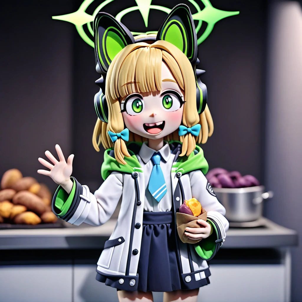 <lora:claymation-style_a31_xl_1:1>,claymation-style,full_body,(masterpiece),(best quality),1girl,midori \(blue archive\),blue archive,aiamu iamu,holding food,holding,hooded jacket,food,sidelocks,:d,collared shirt,blurry,long sleeves,puffy sleeves,headphones,blue bow,hand up,necktie,halo,looking at viewer,jacket,sleeves past wrists,blush,nail polish,blue necktie,animal ear headphones,blurry background,blonde hair,shirt,green eyes,hood down,open clothes,depth of field,hood,smile,white jacket,fake animal ears,bow,puffy long sleeves,open jacket,solo,dress shirt,animal ears,white shirt,blue nails,hair bow,long hair,drawstring,sweet potato,