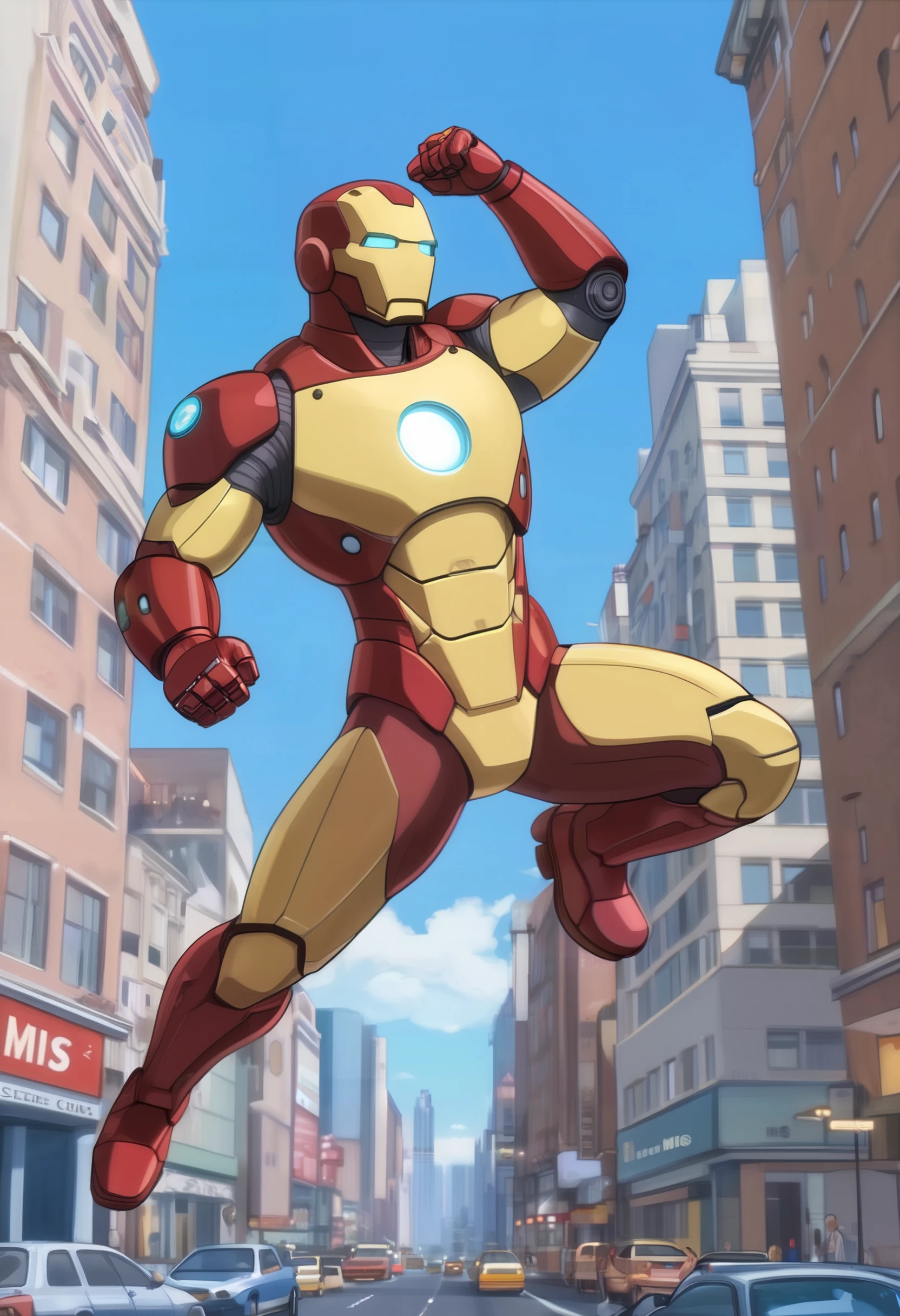 score_9, score_8_up, score_7_up, Style_Retro, amazing quality, masterpiece, best quality, detailed details, (IronMan:1.35), dynamic punch pose, (cartoon mis en scene:1.5), in the sky above nyc