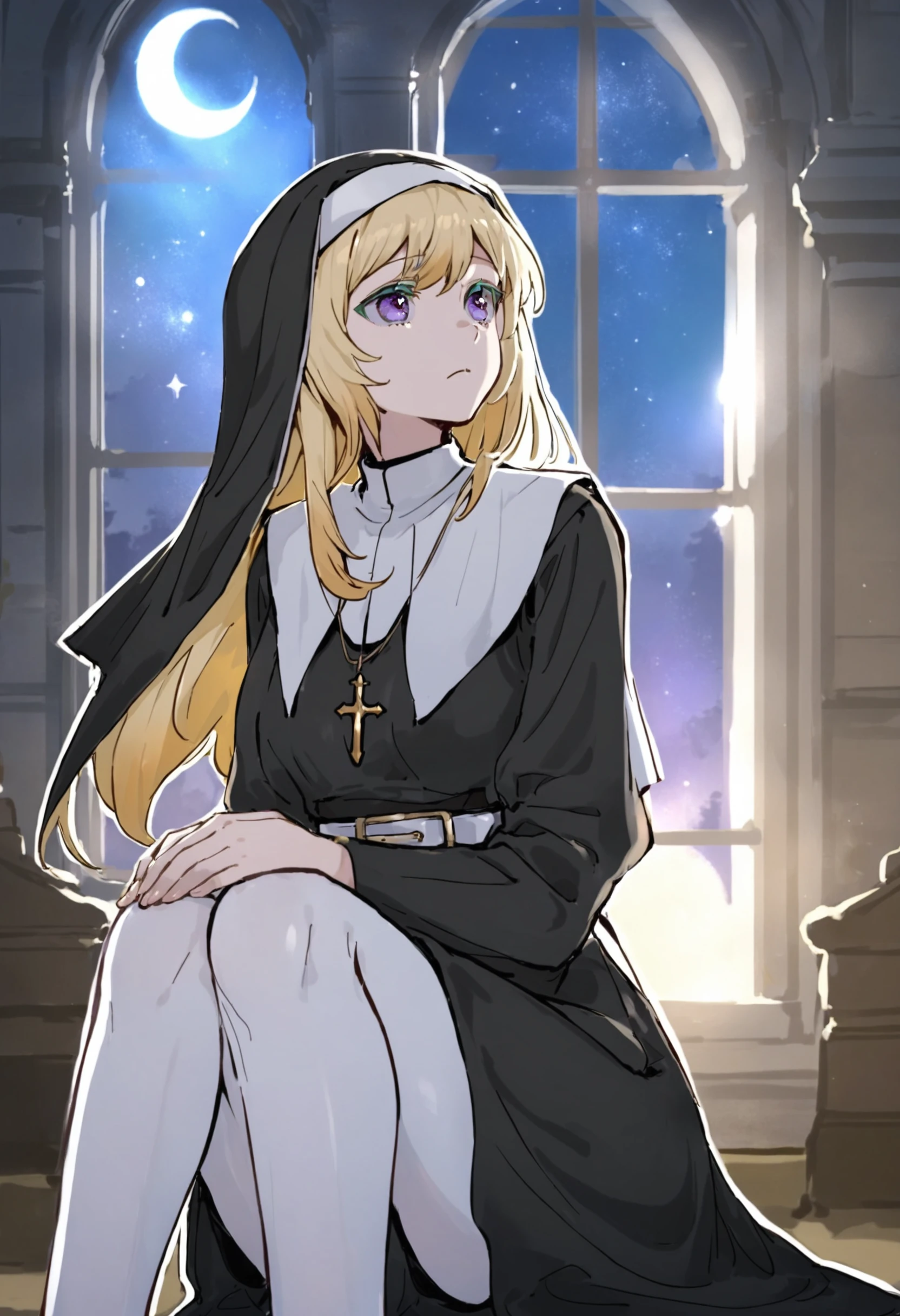 masterpiece, best quality,1girl, solo, (outline:1.3), white pantyhose, multicolored hair, nun, scenery, window, star, (sky:1.1), moon, indoors, colored eyelashes, closed mouth, blonde hair, gradient hair, frown, long hair, pantyhose, belt, hands on lap, purple eyes, church, sitting, looking up, aqua hair
<lora:killowXLlokr8f-000178:0.95>