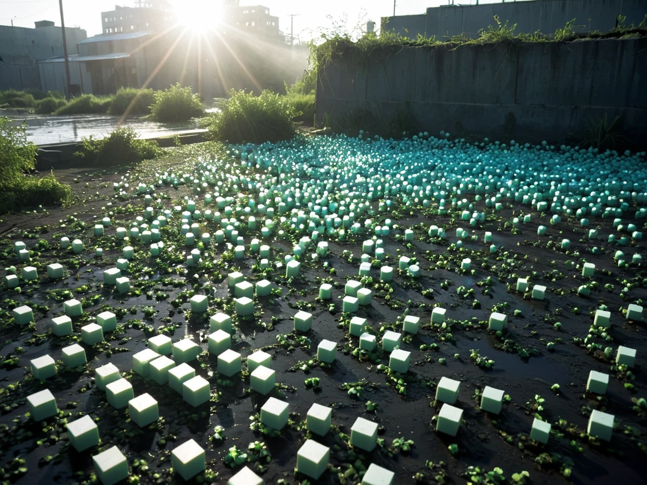 Gl1tchBasalt  <lora:Gl1tchBasalt-000013:0.42>, texture imitating alien city made of voronoi-shaped prismatic voxels protruding from black ground in abandoned decaying  city flooded with dense milky-green fog laying on the ground. white-blue voxels
BREAK 35mm film, one pretty girl, solo, updo, prefect face, makeup, blue eyes, big tits, cleavage, black shirt, looking at viewer, 90s mall food court, dining tables, bright lights, softbox lighting, upper body
BREAK (from_below:1.2), (realistic raw photograph, shallow depth of field with strong swirly bokeh effect:0.6), analog film grain and analog film physical effects simulation, light leaks and sun flares, ( tessellation:0.9), (surreal ethereal otherworldly scenery:1.15), (lifelike,crisp,precise:1.2), Volumetric lighting, light caustics, sun flares, light leaks and subsurface light scattering