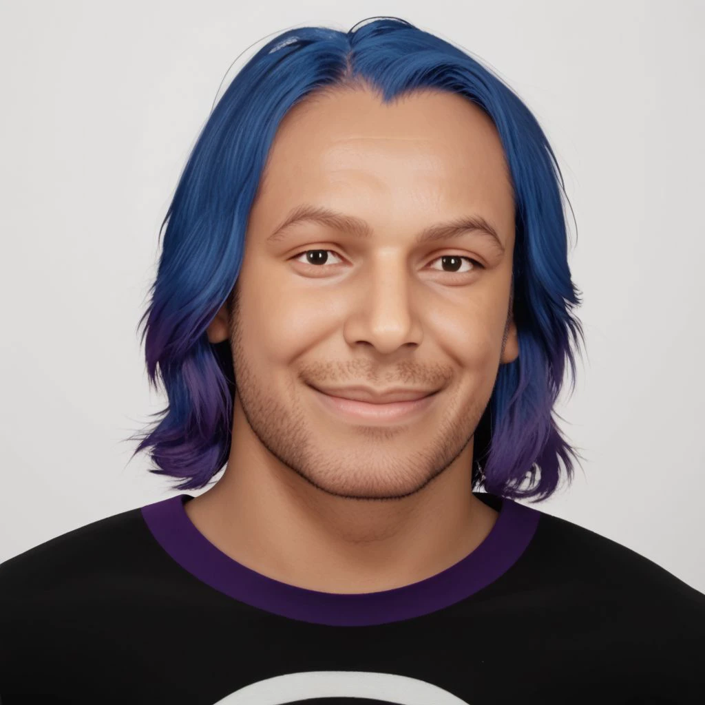 criss metaxvoor, 1boy, solo, male focus, realistic, blue hair, facial hair, grey background, shirt, black eyes, simple background, upper body, smile, stubble, looking at viewer,,  PonyXLV6_Scores zPDXL