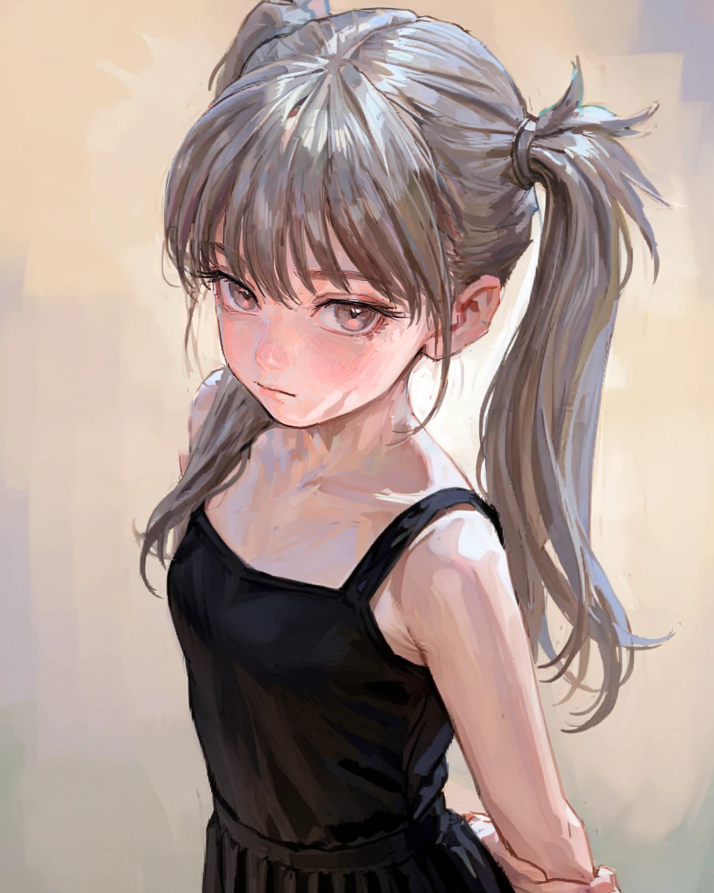 masterpiece,best quality,4K,8K,teenage,oil painting \(medium\),fkey70,
1girl,solo,arm behind back,arms at sides,looking at viewer,
standing,grey hair,
twintails,red eyes,
black sundress,
simple background,
upper body,