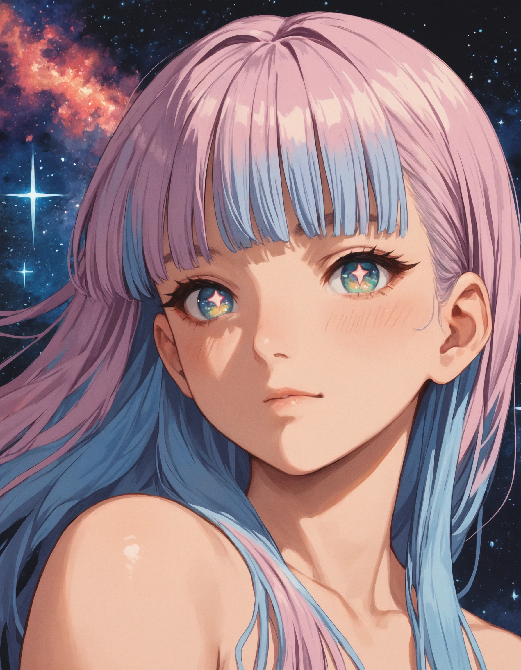 score_9, score_8_up, score_7_up, score_6_up, score_5_up, rating_questionable, source_anime, 1girl, portrait, galaxy pupils, close up, multicolored hair, fringe, bare shoulders,