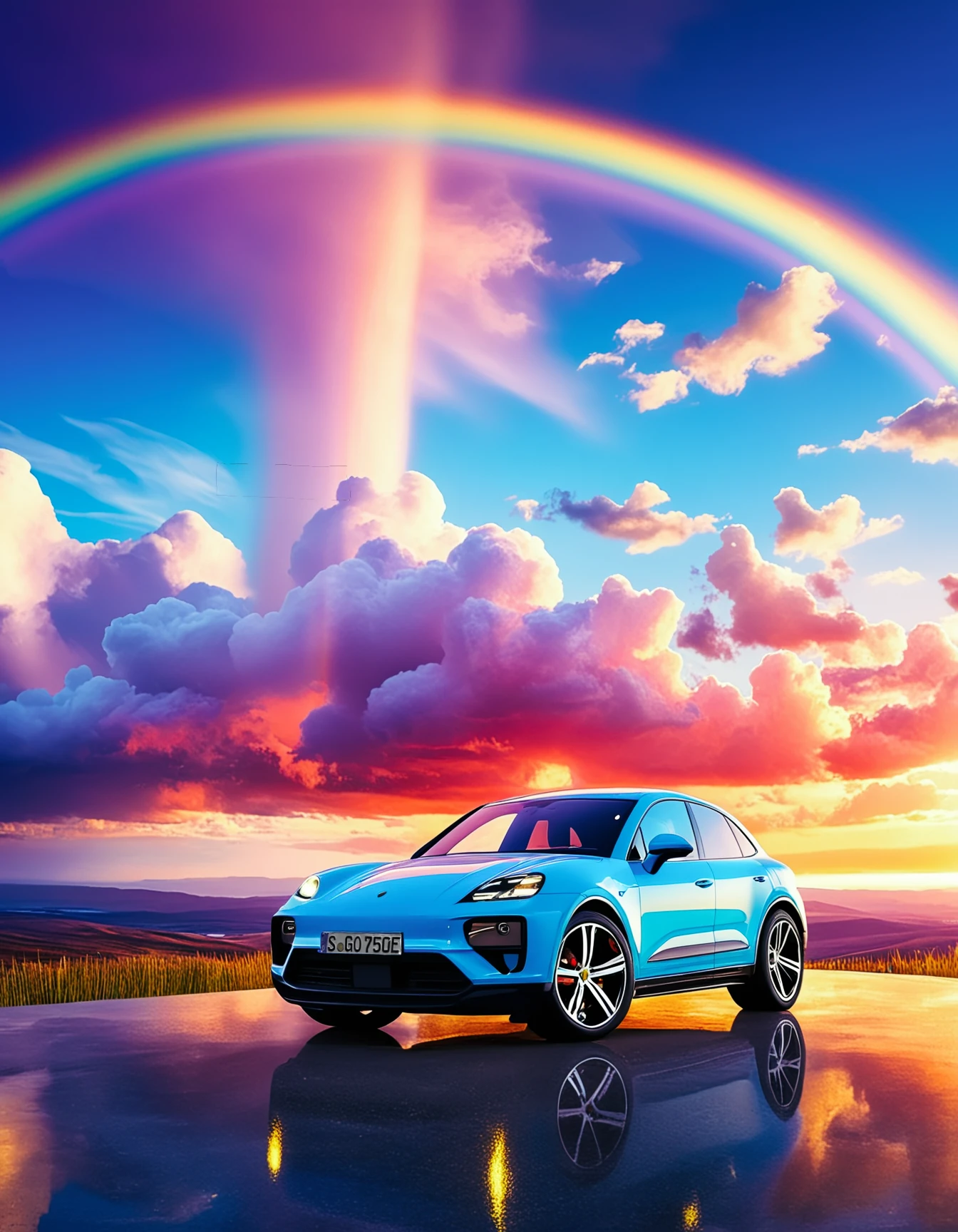 Macan, a (light blue Porsche car:1.2) parked on a 

 , The image features a vibrant, colorful depiction of a sky filled with floating clouds and rainbows. 