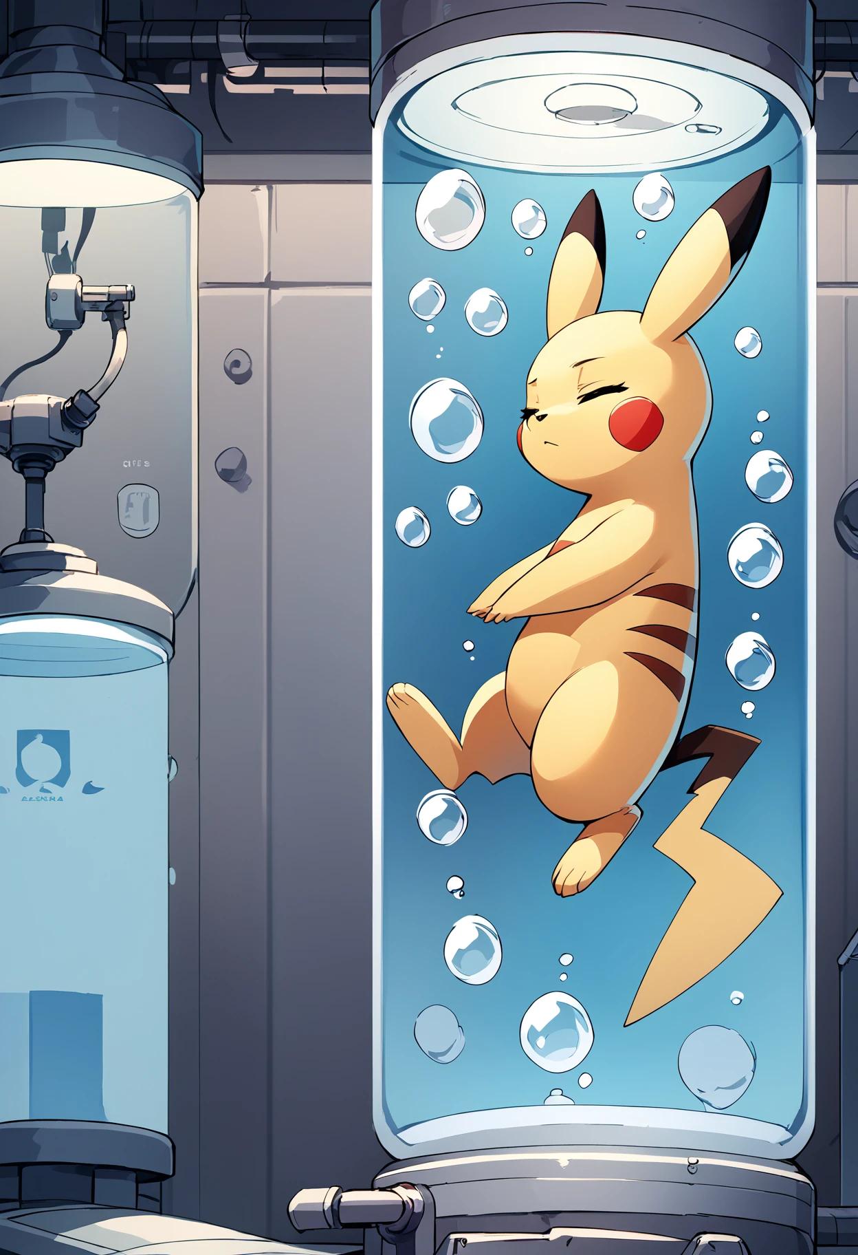 score_9, score_8_up, score_7_up,rating_explicit,soft shadows,masterpiece,4k,best quality, hires, solo, close up, stasis tank, inside-stasis, pokemon, pikachu, water, floating, closed eyes, bubbles, vat, tube, cables, expressionless, laboratory, from side
<lora:Stasis Tank (pony) v1:1>  <lora:CitronAnimeTreasure-07:0.8>