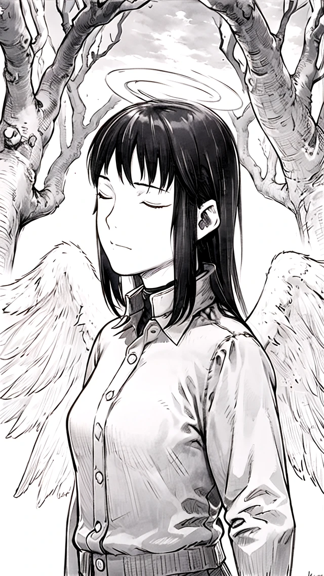 <lora:Reki:0.85>, 1girl, solo, long hair, black hair, halo, angel wings, long sleeves, collared shirt, turtleneck, 
jewelry, 
black wings, 
, 
closed eyes, 
eyelashes, 
Suffering,Hopelessness, 
, 
, 
tree, 
, <lora:animeoutlineV4_16:0.75>, lineart, monochrome