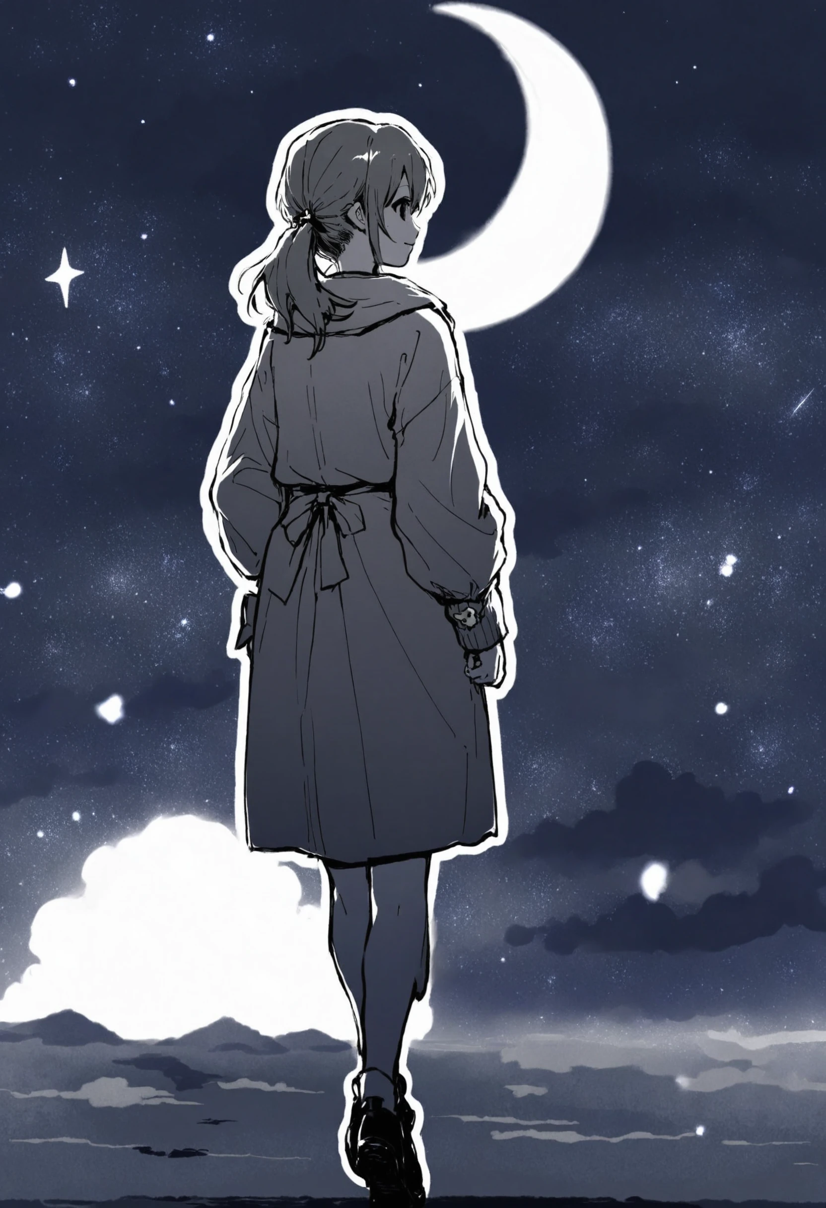 masterpiece, best quality,1girl, solo, (outline:1.3), sister, scenery, night, star, (sky:1.1), (sky:1.1), starry sky, night sky, star \(sky\), white border, black footwear, hatching \(texture\), silhouette, looking back, monochrome, medium hair, open hand, border, star \(symbol\), star ring, crescent moon, moon, white outline, ponytail, smile, greyscale, sleeves past wrists, walking, cloud, siblings
<lora:killowXLlokr8f-000178:0.95>