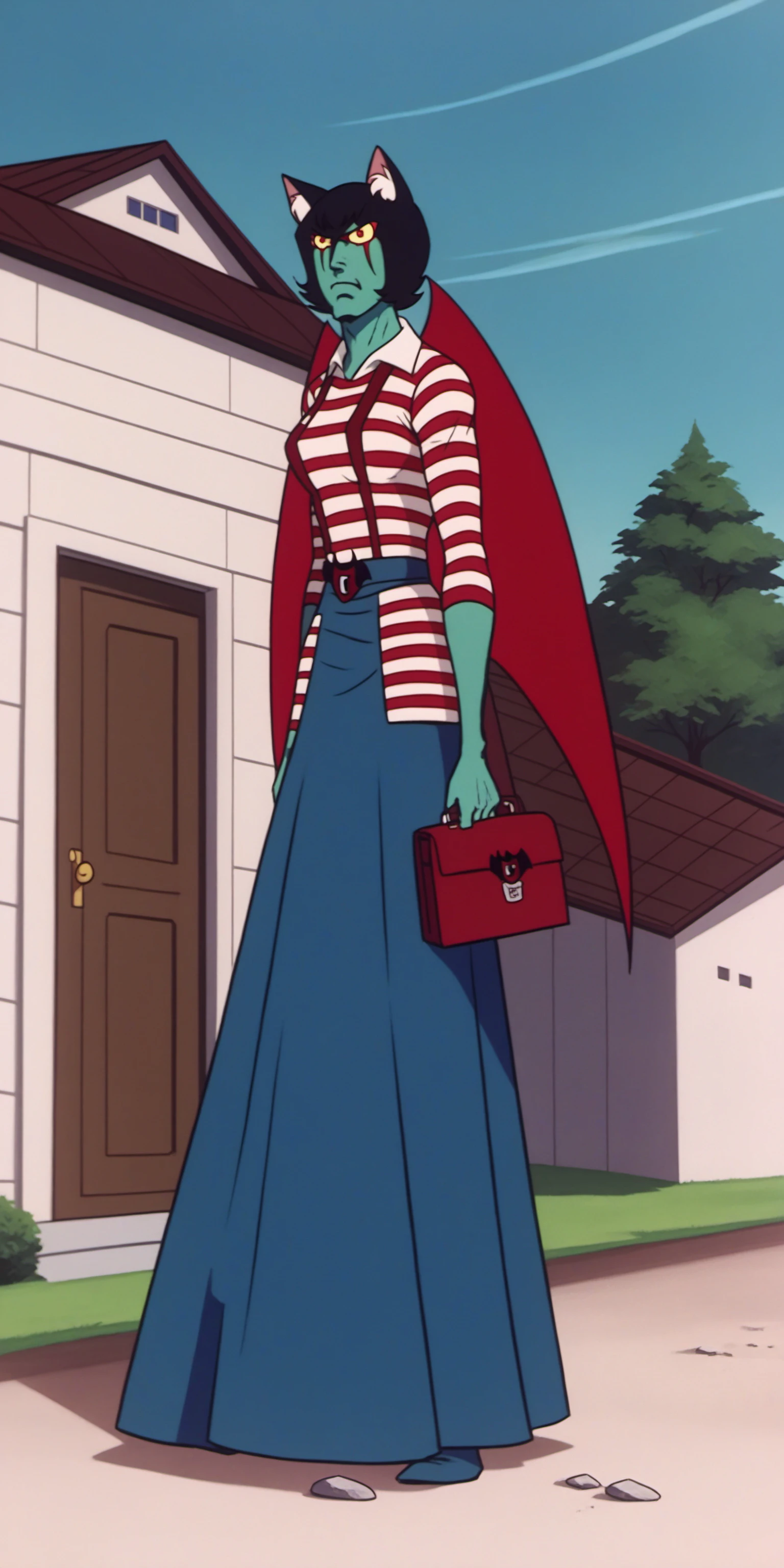 (DZVZRG:0.8), (score_9, score_8_up, score_7_up, score_6_up, source_anime:0.7), solo, (MCDevil:0.8), 1girl, catgirl, sulking, quiff, streaked hair, striped shirt, long skirt, house, serious, decayed amusement park, broken rides, faded colors, echoes of laughter, white animal ear fluff, colored skin