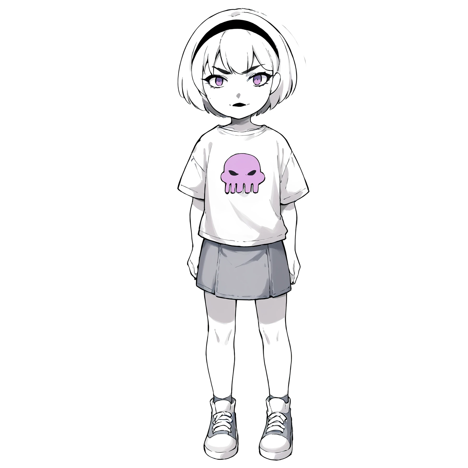 score_9, score_8_up, score_7_up, score_6_up, score_5_up, score_4_up, masterpiece, thick lines, 2d, flat colors, anime, 1girl, rolalstart <lora:Rose_Lalonde_Pony_test:1>, shirt symbol, 1girl,solo,simple background,shirt,white background,standing,monochrome,full body,greyscale,hairband,shoes,skirt, chibi, no humans,:3,style parody BREAK source_anime