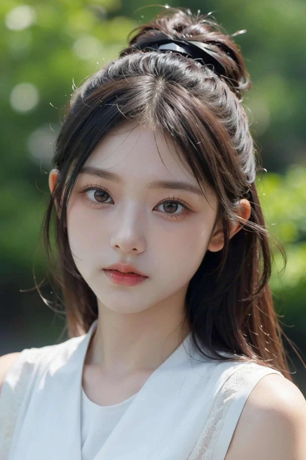 masterpiece,best quality,realisic skin details,portrait,upper body,cute girl,looking to the viewer,asian,pale skin,beautiful,simple background,looking at viewer,white outfit, haerin,<lora:Haerin-01:1.0>,