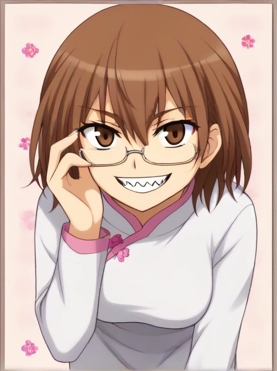 worst misaka, 1girl, solo, looking at viewer, smile, short hair, brown hair, dress, brown eyes, glasses, teeth, grin, leaning forward, chinese clothes, sharp teeth, semi-rimless eyewear, under-rim eyewear, floral background, adjusting eyewear <lora:Misaka_Worst-10:1>