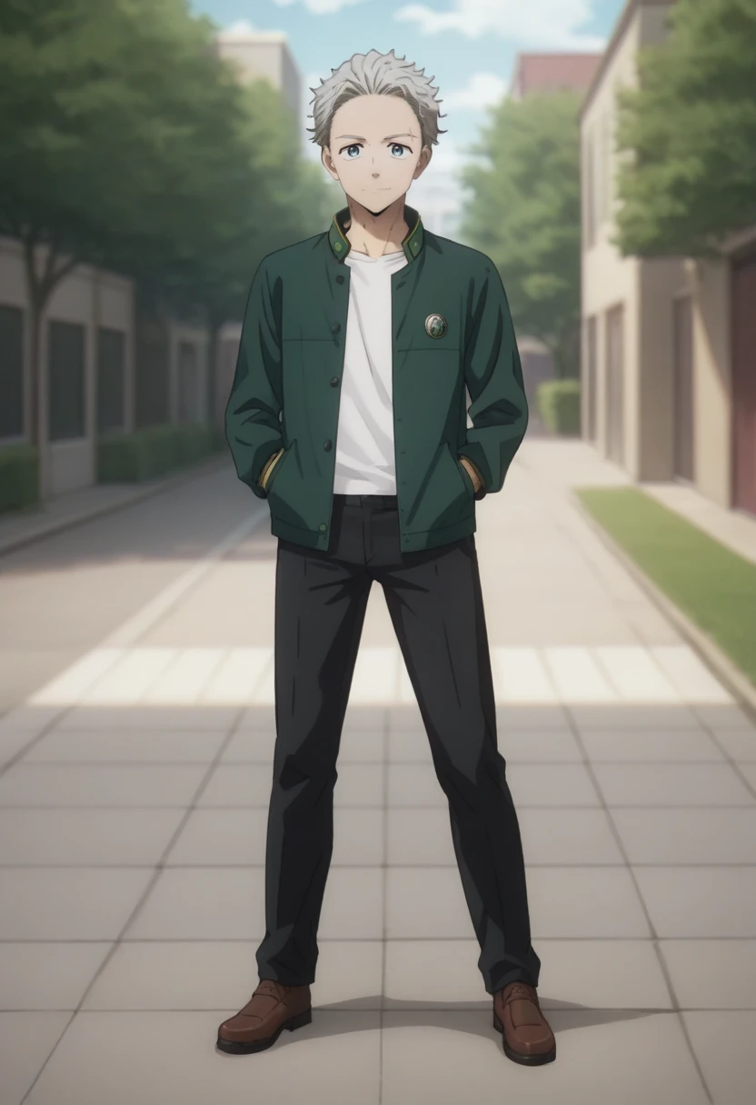 score_9, score_8_up, score_7_up, masterpiece, best quality, amazing quality, best aesthetic, ,absurdres, ,cute, solo,Hajime Umemiya, gray hair, blue eyes,black with green  jacket, open jacket, long sleeves, black pants, white shirt<lora:EMS-372207-EMS:1.000000>