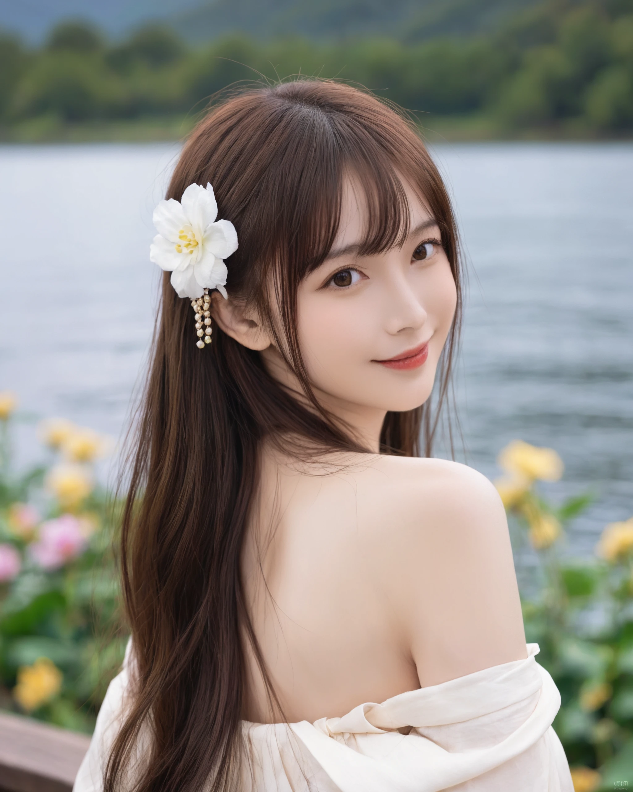 Score_9, Score_8_up, Score_7_up,1girl, solo, hair ornament, flower, hair flower, blurry, smile, brown hair, looking at viewer, lips, looking back, depth of field, portrait, long hair, blurry background, bangs, japanese clothes, bare shoulders, red lips, parted lips,outdoors,lake,