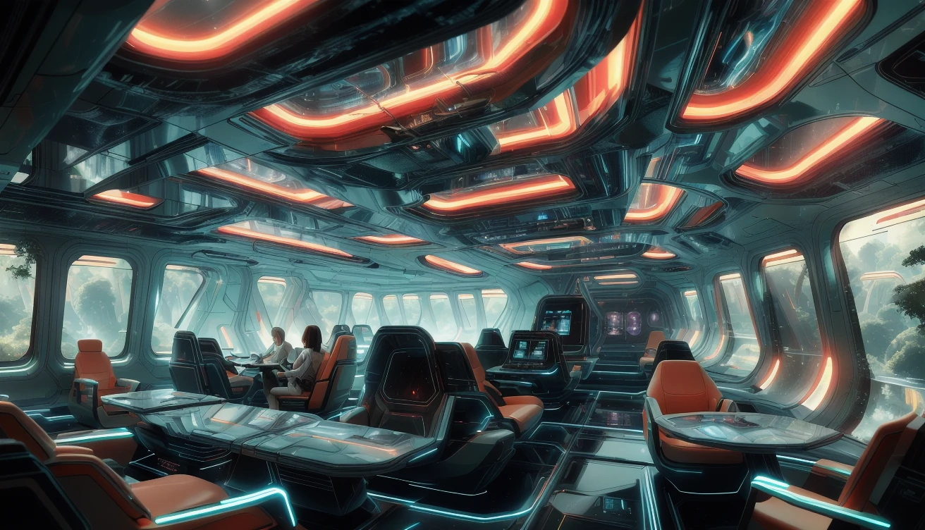 sci-fi, futuristic interior of board, sci-fi shape, super gloss material,people sitting, neon line, river background, forest outside, mist
