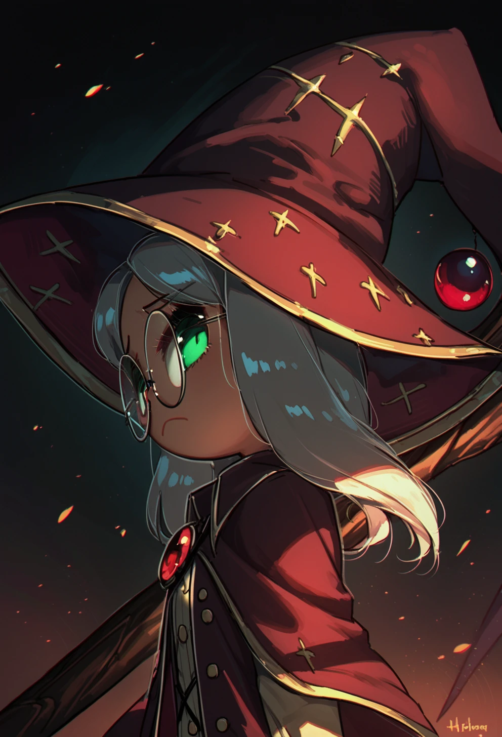 score_9, score_8_up, score_7_up, <lora:Porforever:1>, source_anime, 4RCH0N, 1girl, wizard hat, robe, capelet, tired, jitome, round eyewear, upper body, large staff, wooden staff, red gemstone, red light from staff, looking at viewer, light frown, dark, from side, brown clothes, silver trim, green eyes, dark background, black background, soft lighting