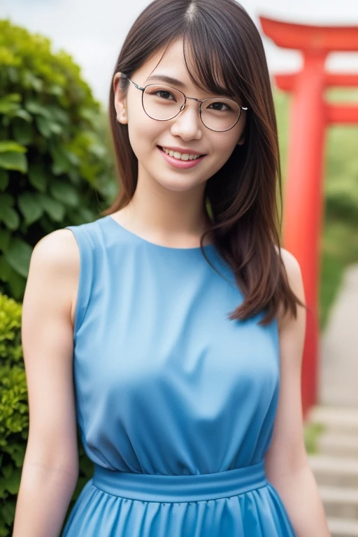 1girl,(RAW photo, best quality), (realistic, photo-realistic:1.4), masterpiece, an extremely delicate and beautiful, extremely detailed, 2k wallpaper, Amazing, finely detail, extremely detailed CG unity 8k wallpaper, ultra-detailed, highres, soft light, beautiful detailed girl, extremely detailed eyes and face, beautiful detailed nose, beautiful detailed eyes,cinematic lighting,perfect anatomy,slender body
wearing a blue peplum dress,blue skirt,(bokeh:1.2)
at a shrine,torii gate,tall stone stairs,(hydrangea flowers),cloudy
 <lora:hasegawakasumi_lora:0.8>smile,glasses