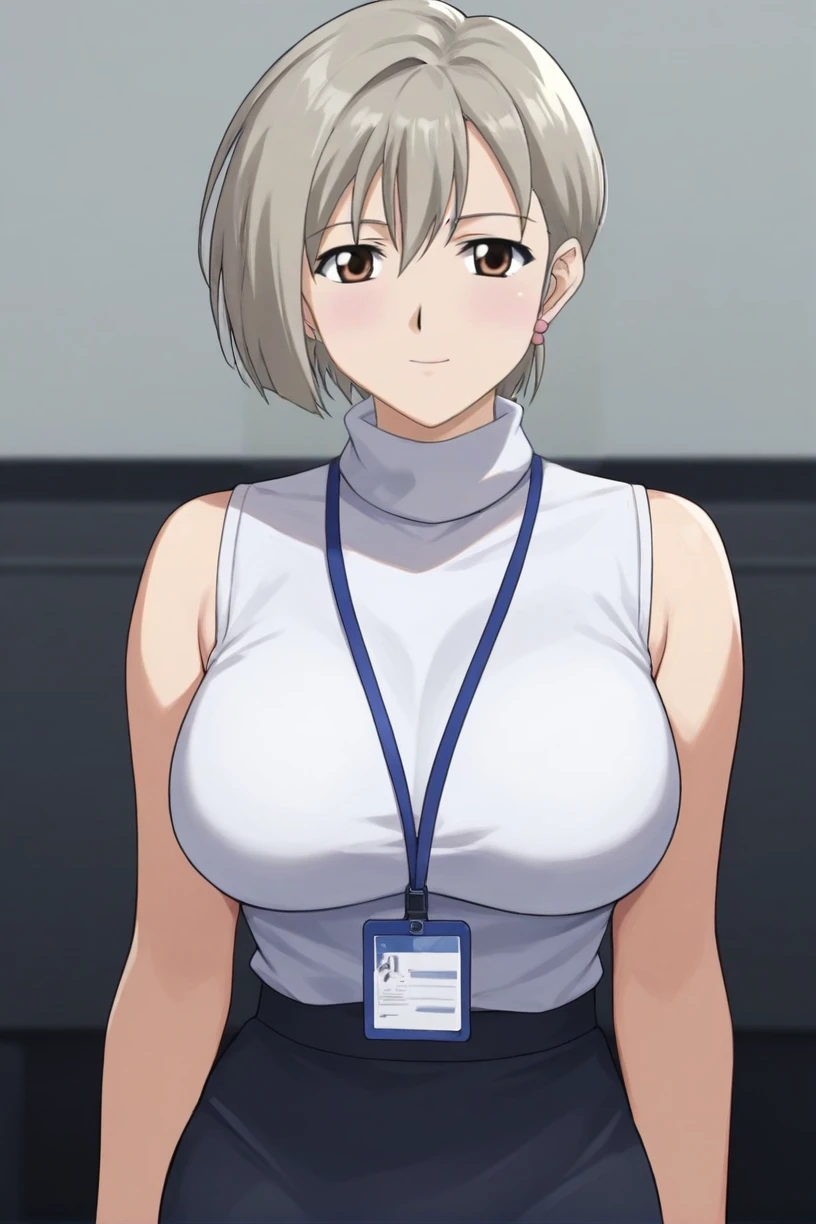 best quality,masterpiece,looking at viewer,absurdres,1girl,score_9,score_8_up,score_7_up,source_anime BREAK <lora:030-çå¾·è±å
ä¸-纳æ¥XLV1:0.8>,naharu,short hair,grey hair,brown eyes,earrings,black high-waist skirt,jewelry,lanyard,large breasts,sleeveless,sweater,white sweater,turtle neck,office lady,thighs,black pantyhose,office,,