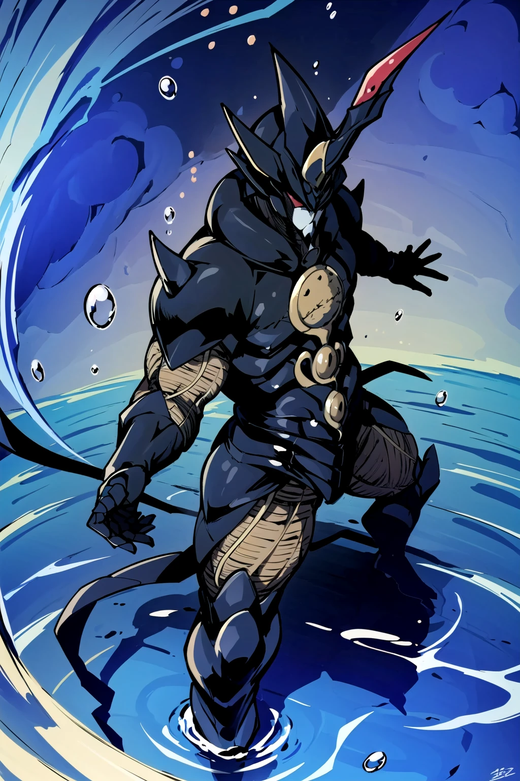 (best quality, masterpiece, ultra detailed), <lora:zegion:0.8> zegion, solo , fighting stance, water, floating water, bubbles, energy, magic, casting spell,