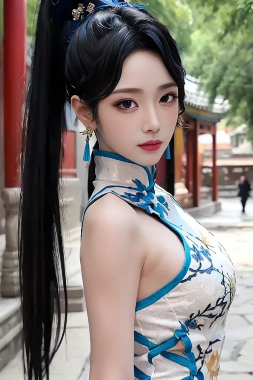 ltra-detailed,highly detailed,best quality,masterpiece,illustration,realistic,photorealistic,
yaodaoji, qinghuaci, 
1girl, solo, 
nsfw,nude, qipao,china dress, chinese clothes, 
ponytail, hair ornament, long hair, 
jewelry, earrings, 
looking at viewer, upper body, 
outdoors, nature, photo background,
 <lora:yaodaoji_qhc_v1_08:0.7>