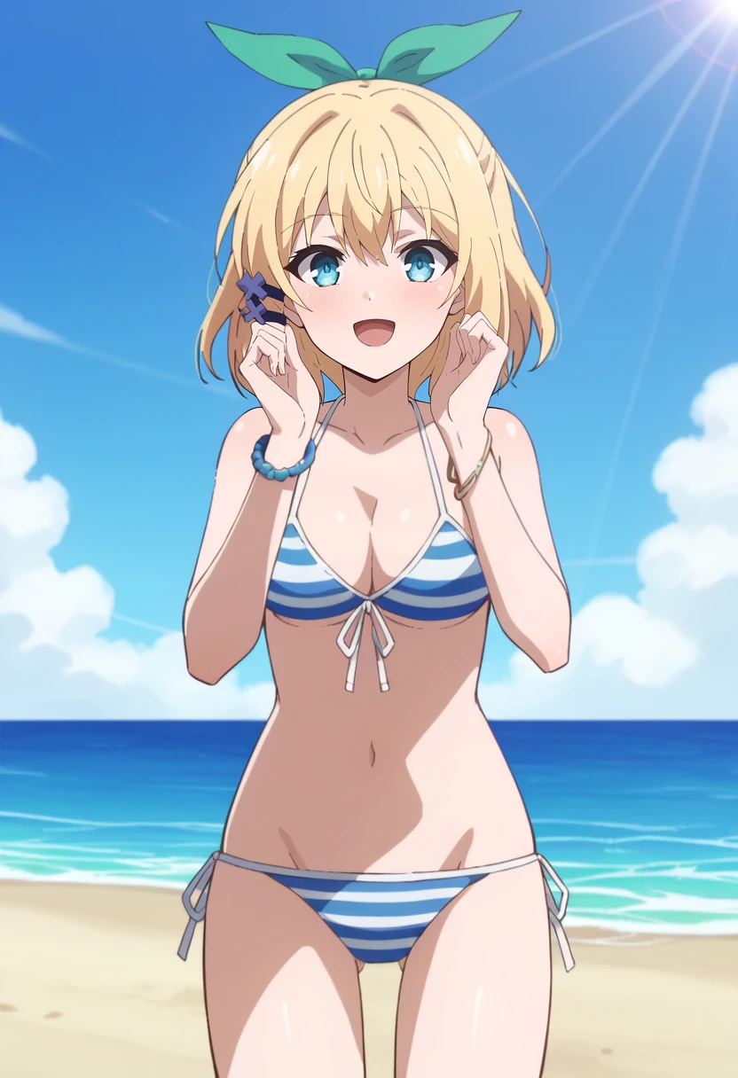 score_9, score_8_up, score_7_up, source_anime,
<lora:Rokuaka_RumiaTingelXL:0.8>, RumiaTingel,
1girl, solo, open mouth, smile, light blush,
blonde hair, blue eyes, medium hair, green ribbon, hair ornament,
RumiaBikini, blue bikini, striped bikini, front-tie top, side-tie bikini bottom, bracelet,
standing, looking at the viewer, knees together feet apart,
outdoors, beach, sand, ocean, blue sky, sunlight