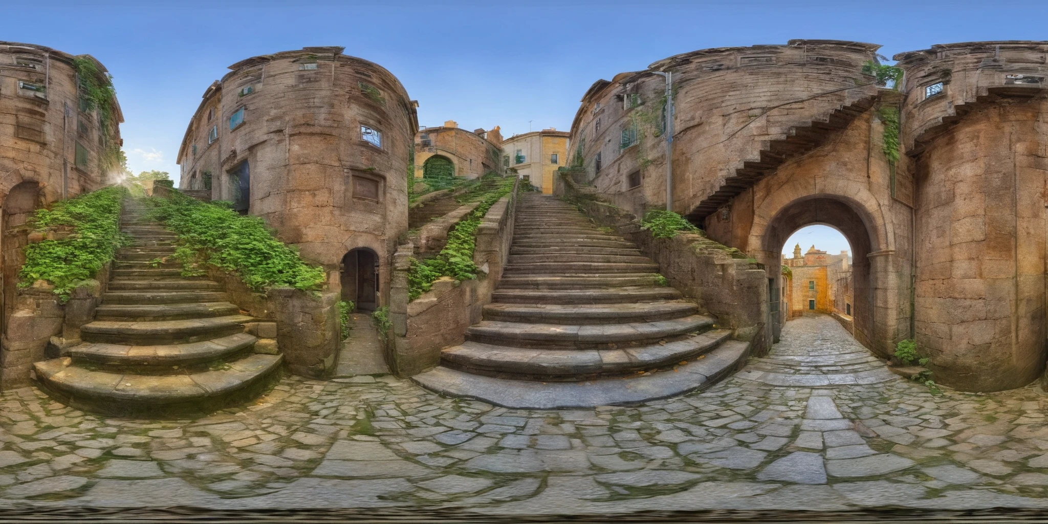 360panorama,Staircase leading to a building,Ascending,Early morning deserted,Weathered stone steps historical architecture,Golden hour light,Non-applicable,Realistic with a touch of nostalgia,Digital art,Architectural Illustration,Warm tones with hints of green from surrounding foliage,3D CGI,4K resolution,<lora:HMSG360è¡éXL-000006:1>,