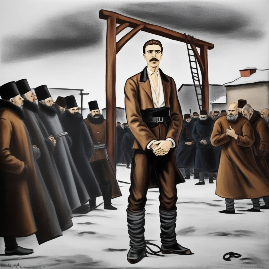 Main elements: realistic and dramatic depiction of Vasil Levski: A tall, slender man with a beard and moustache. Dressed in dark clothing typical of the era (1870s). He radiates courage and determination, but at the same time he is aware of his destiny. He may be handcuffed. The gallows: A wooden structure erected on a square in Sofia. A crowd of people has gathered around her, watching in silence. Some of them may cry or grumble. Churches, mosques, or other buildings of the era may be seen in the background. Atmosphere: Winter, cold and windy weather Dark and gloomy, with predominant gray and brown colors. The air is filled with tension and anguish. The sun may be setting, casting long shadows. Additional details: A heavenly ray of light can be depicted falling on Levski, symbolizing his faith and martyrdom. A mountain or other symbol of freedom can be seen behind the gallows.