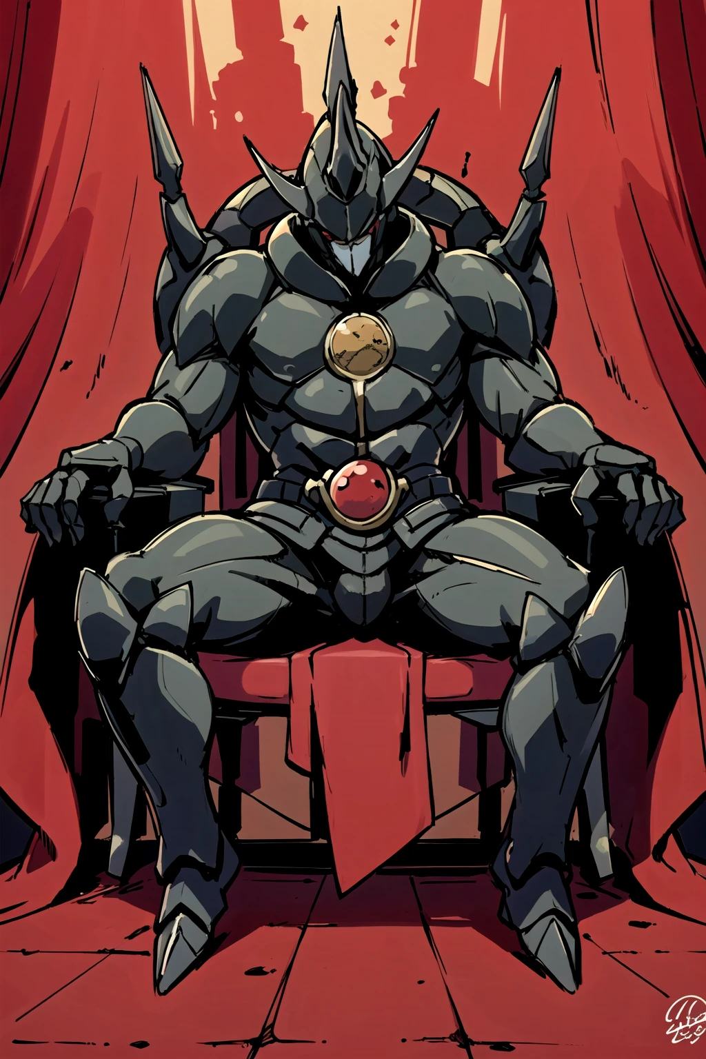 (best quality, masterpiece, ultra detailed), <lora:zegion:0.75> zegion, solo , sitting, throne, red carpet,