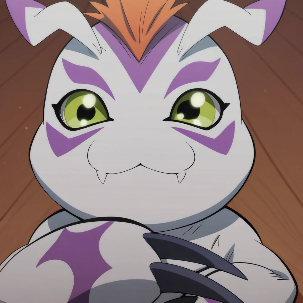 score_9, score_8_up BREAK Gomamon, digimon, solo, facing front, orange hair, green eyes, smile, fangs, closed mouth, claws, laying