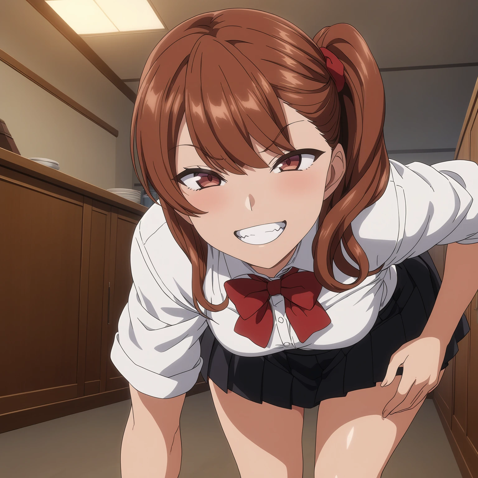 <lora:IzumiNogamiXL001>,
grin,
anime screencap,
best quality,masterpiece,
IzumiNogami,1girl,brown hair,Side ponytail,brown eyes,
white shirt,red bowtie,
pleated_skirt,black skirt,
standing,leaning_forward,