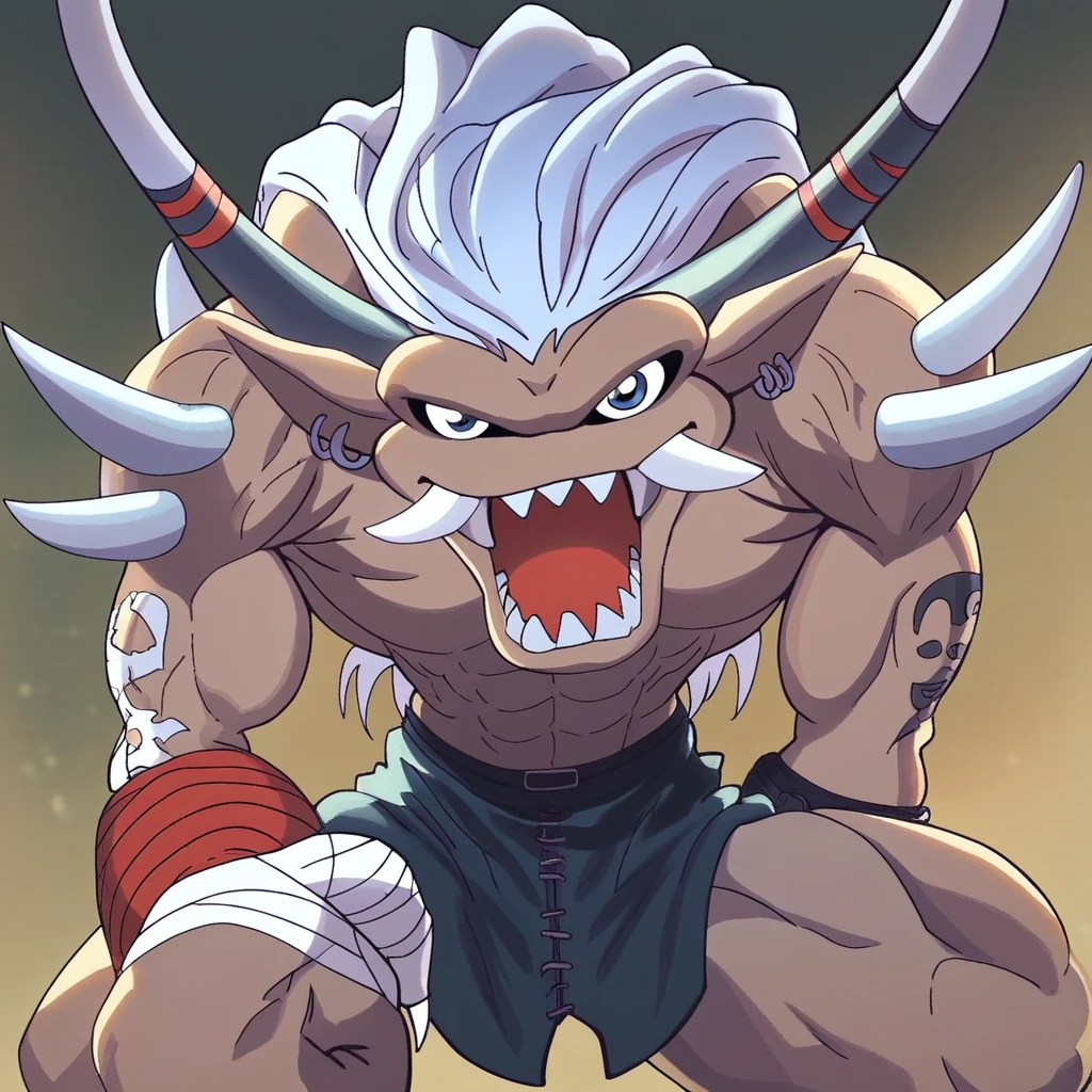 score_9, score_8_up BREAK Ogremon, digimon (creature), muscular male, large muscles, 1boy, solo, long white hair, spikes, tattoo, bracelets, bandages, loincloth, looking at viewer, open mouth, teeth, smile, flexing arms