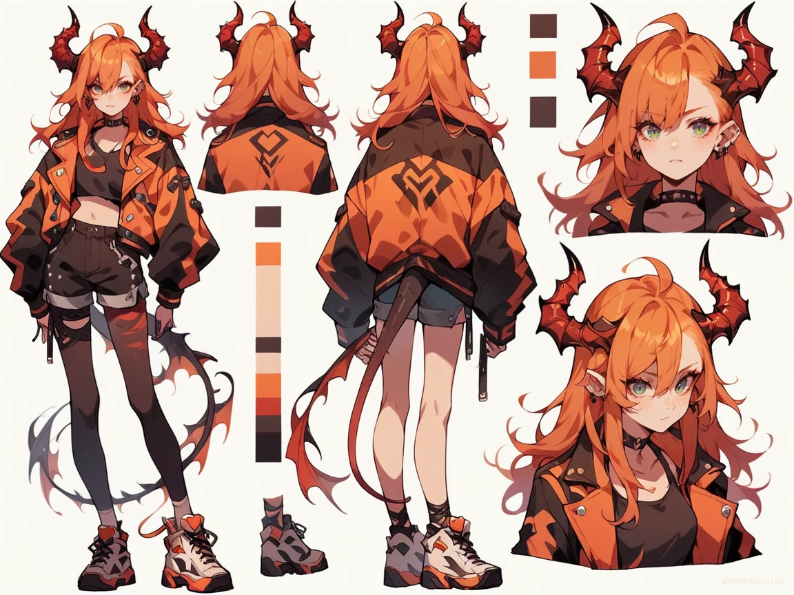 score_9, score_8_up, score_7_up, score_6_up,  <lora:cut3ch4rXLP:0.8> cut3ch4r, 1girl, multiple views, jacket, long hair, horns, white background, ginger hair