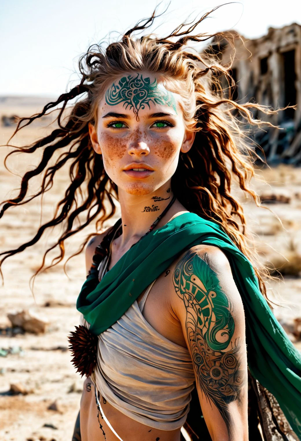 Illustration of an 18-year-old post-apocalyptic nomad, a wanderer traversing the desolate wasteland with grace and resilience. Her features captivate with a lovely face, striking emerald eyes, and freckles dusting her weathered skin. Tribal tattoos embellish her arms, telling stories of survival and adaptation. Her hair, a cascade of chestnut waves, dances in the wind as she moves with purpose through the barren landscape. Draped in tattered, earth-toned fabrics, she exudes an aura of rugged beauty and resourcefulness. With a stoic yet alluring expression, she strikes a pose against the backdrop of crumbling ruins and distant horizons, embodying the spirit of resilience in a world forever changed.